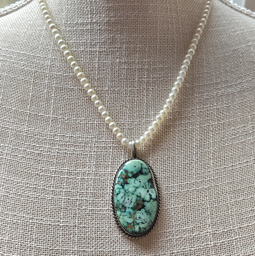 Vintage Zuni Signed Turquoise Pendant on Real Pearl Necklace